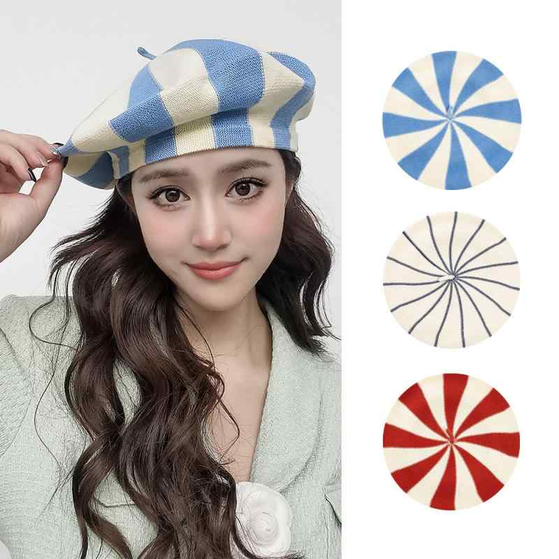 ベレー帽 レディース 春夏 秋冬 綿 ニット ストライプ カジュアル フレンチ スイート キャンディカラー 通気性 おしゃれ 画家帽