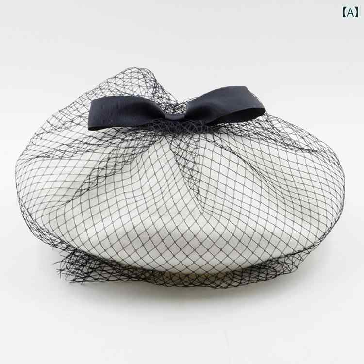 Knit Hat - ベレー帽 レディース オシャレ 普段使い 韓国 ウール 小さい リボン ベール 画家帽子 優雅 ネット リボン 礼帽 帽子