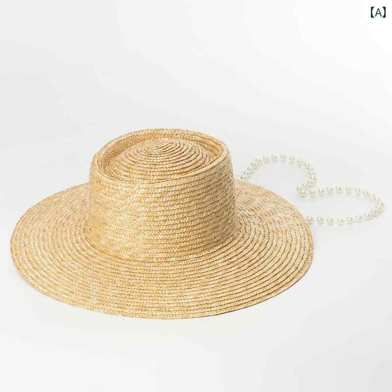 麦わら帽子 レディース おしゃれ パールチェーン 丸形 平トップ 春夏 日焼け防止