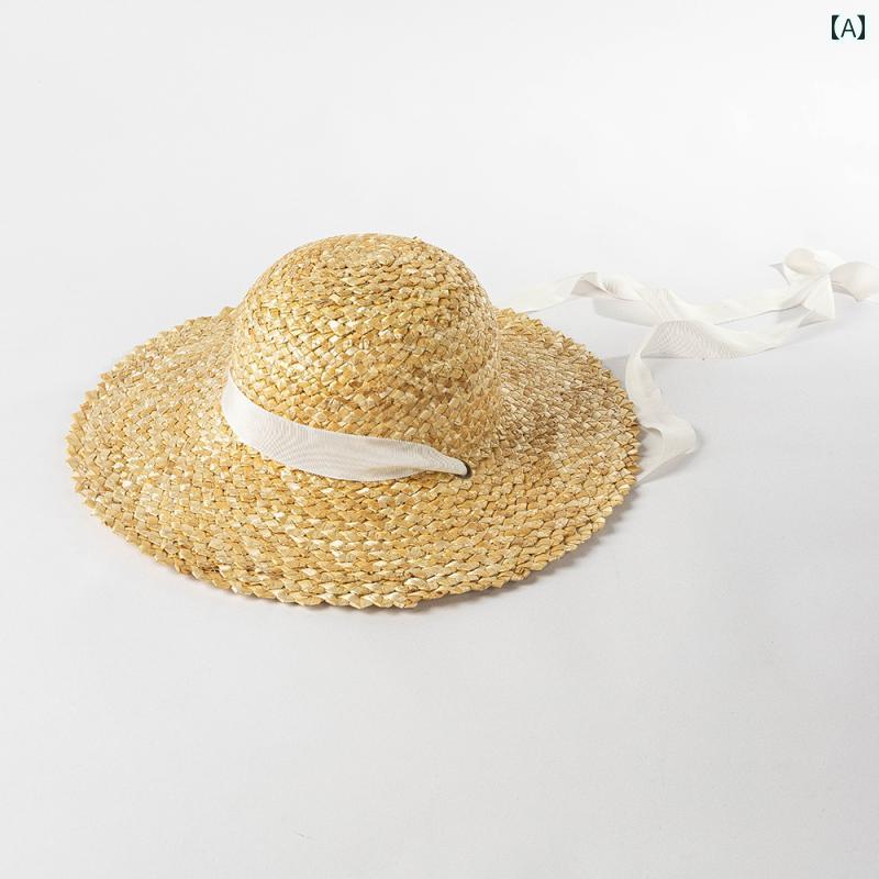 Knit Hat - 麦わら帽子 キッズ 女の子 かわいい 春夏 大きめ つば広め 花柄 編み模様 リボン 黒 ストローハット おしゃれ 日焼け防止 カジュアル
