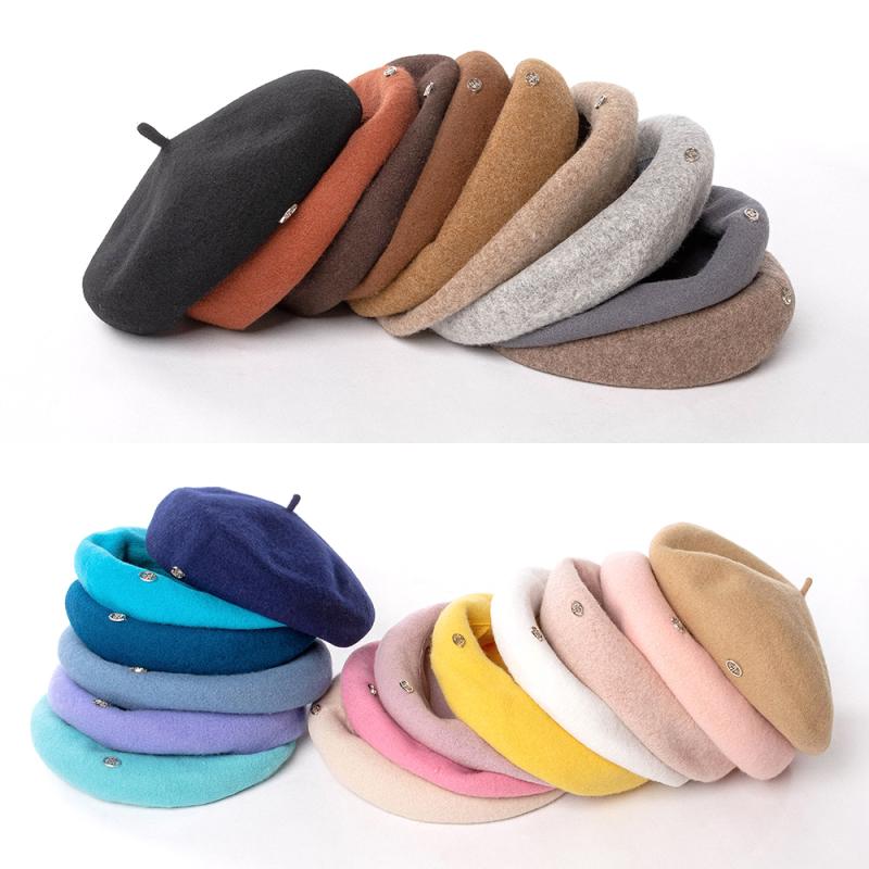 ベレー帽 レディース オシャレ 普段使い 秋冬 ウール 大きめ 深め 金属モチーフ シンプル 防寒 カジュアル 無地 画家風