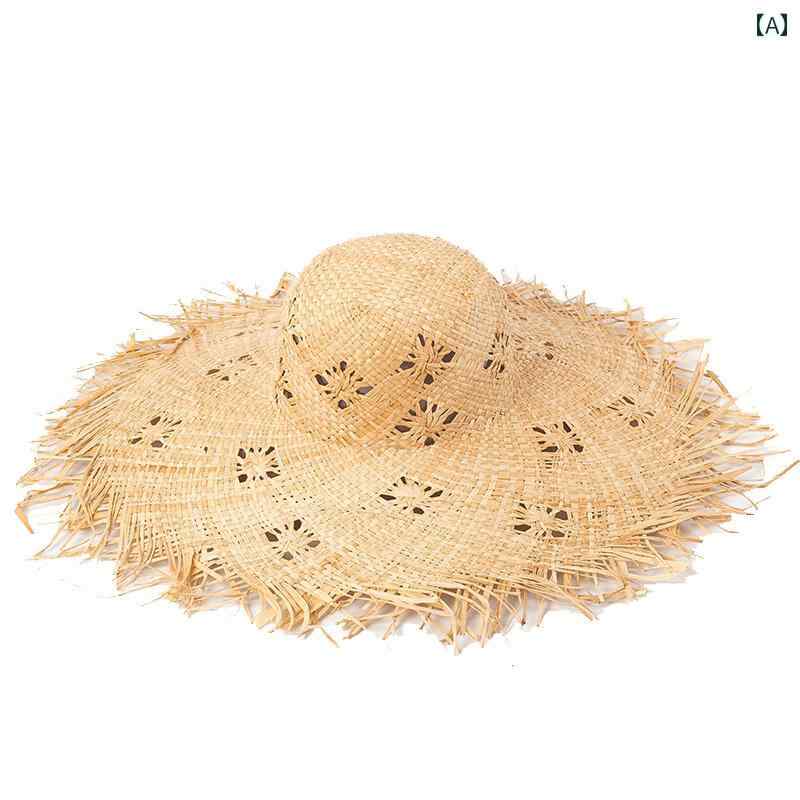 ハット レディース 麦わら 帽子 おしゃれ 春夏 レース 模様 フリンジ ラフィア 大きな つば 日焼け防止 旅行