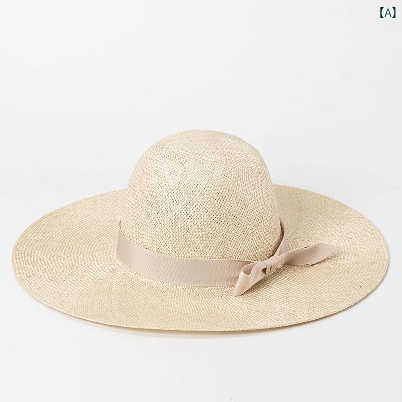 ハット レディース 麦わら 帽子 おしゃれ 春夏 リボン 剣麻 高頂 アウトドア 旅行 ビーチ 日焼け防止 つば広
