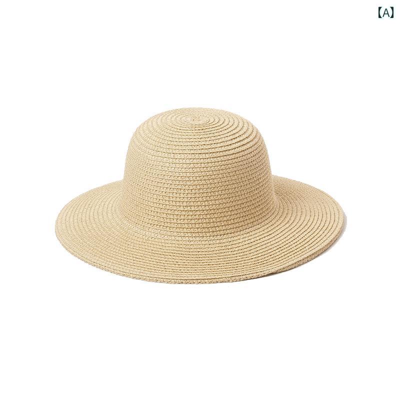 Knit Hat - 麦わら帽子 キッズ 女の子 かわいい おしゃれ 大きめ つば広 夏 春 シンプル 日よけ アウトドア 韓国 旅行 ビーチ ベージュ
