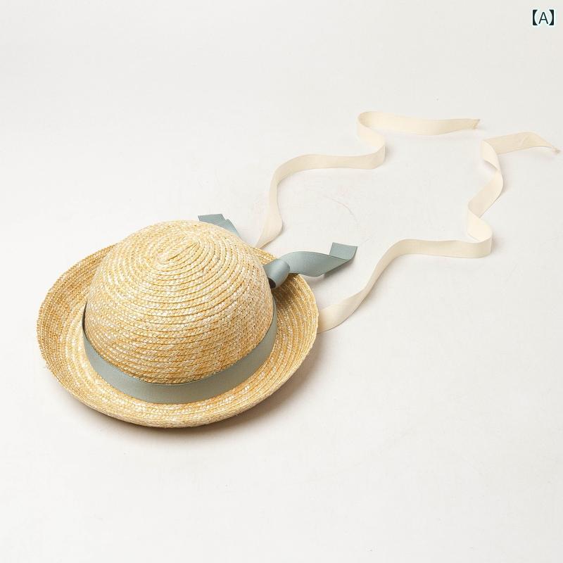 Knit Hat - 麦わら帽子 キッズ 女の子 かわいい 春夏 リボン 装飾 リボン 夏 屋外 旅行 日よけ