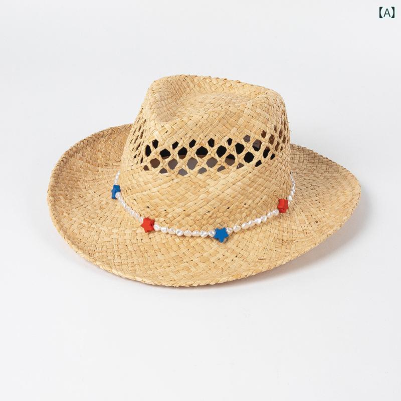 ハット レディース 麦わら 帽子 おしゃれ ラフィア ジャズ 通気性 抜け編み パール ビーズ 飾り ボヘミアン 春夏 日焼け防止 ナチュラル