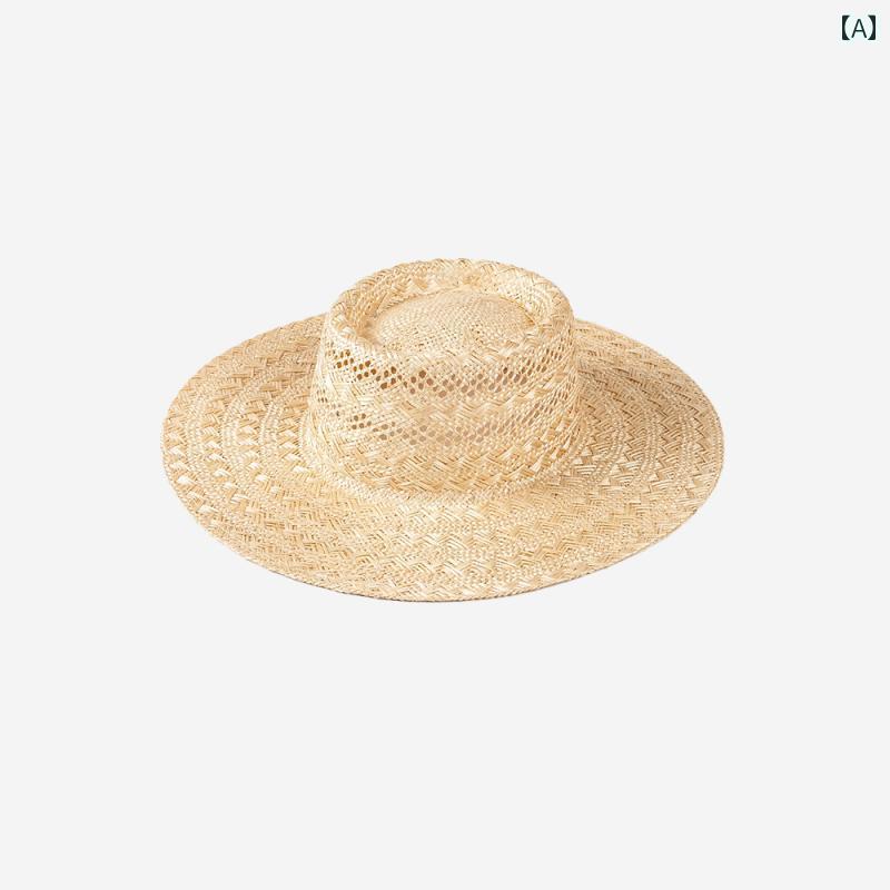 Knit Hat - ハット レディース 麦わら 帽子 おしゃれ 春夏 つば広 平トップ 編み 透かし柄 剣麻 ストロー 日焼け防止 つば広