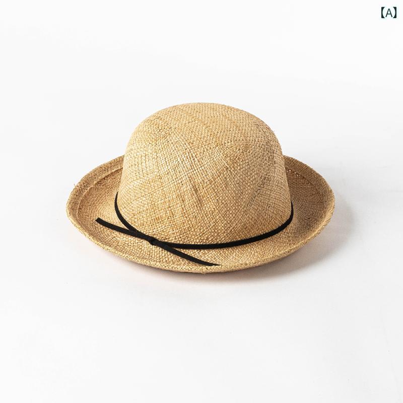 麦わら帽子 キッズ 女の子 かわいい おしゃれ 春夏 カジュアル リボン 丸型 つば広 ナチュラル ベージュ 日焼け防止 お出かけ