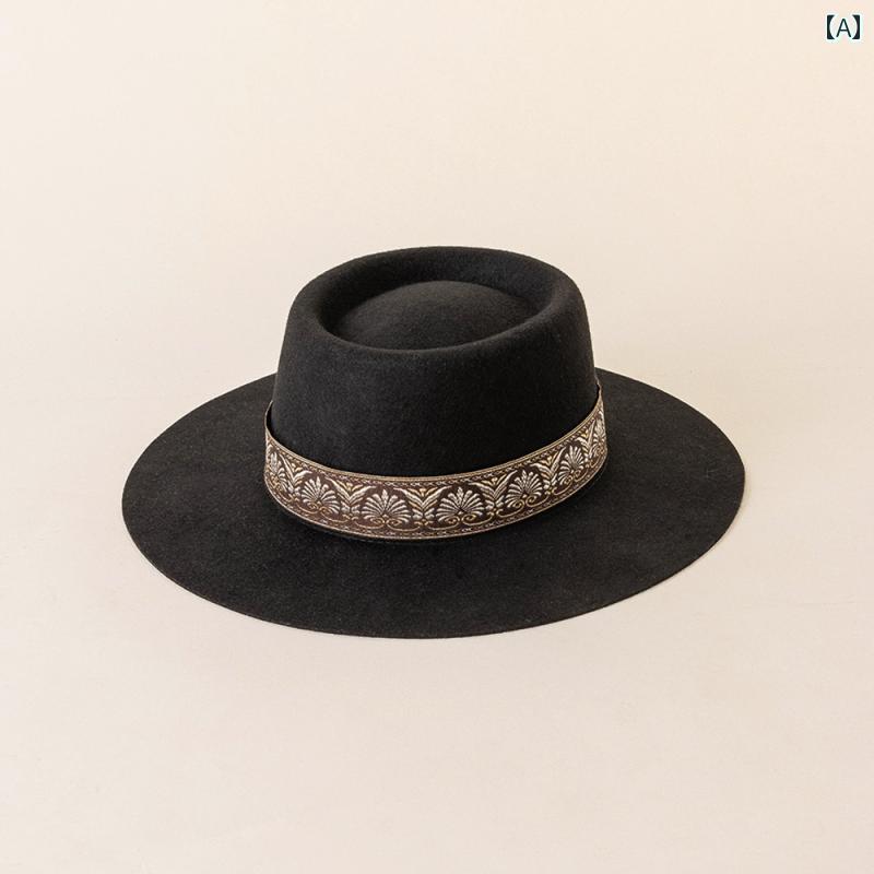 ハット レディース 帽子 おしゃれ ウール フェルト 刺繍 ブレード 帯 つば広 ブラウン 秋冬 レトロ 丸..