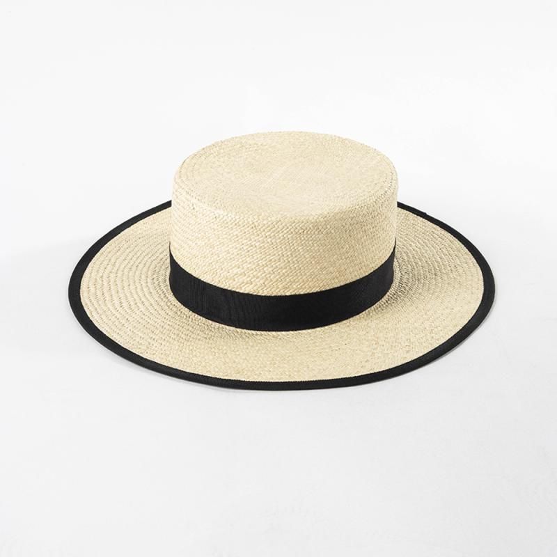 Knit Hat - ハット レディース 麦わら 帽子 おしゃれ ラテン 平らなトップ ストロー ナチュラル バイカラー リボン つば広 春夏 日焼け防止 屋外 海 夏
