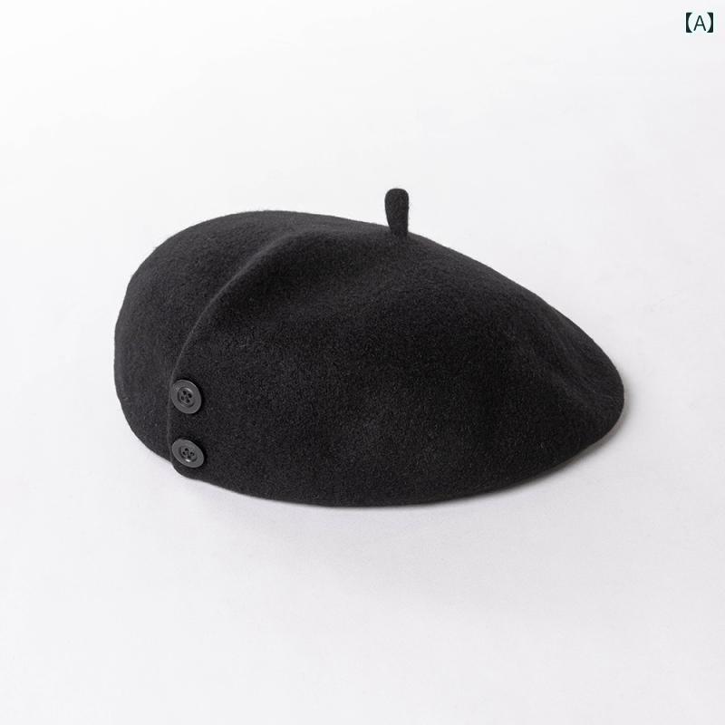 ベレー帽 レディース オシャレ 普段使い 秋冬 ウール フェルト 伸縮 汗止め 深め つばなし ボタン飾り カジュアル