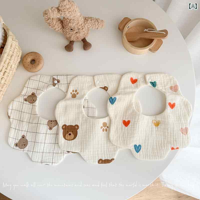 スタイ ガーゼ ベビー ビブ 韓国 花 ヒョウ柄 熊 ドット チェック かわいい 360度 幼児 新生児 普段使い ミルク 吐き戻し防止 白 茶 2