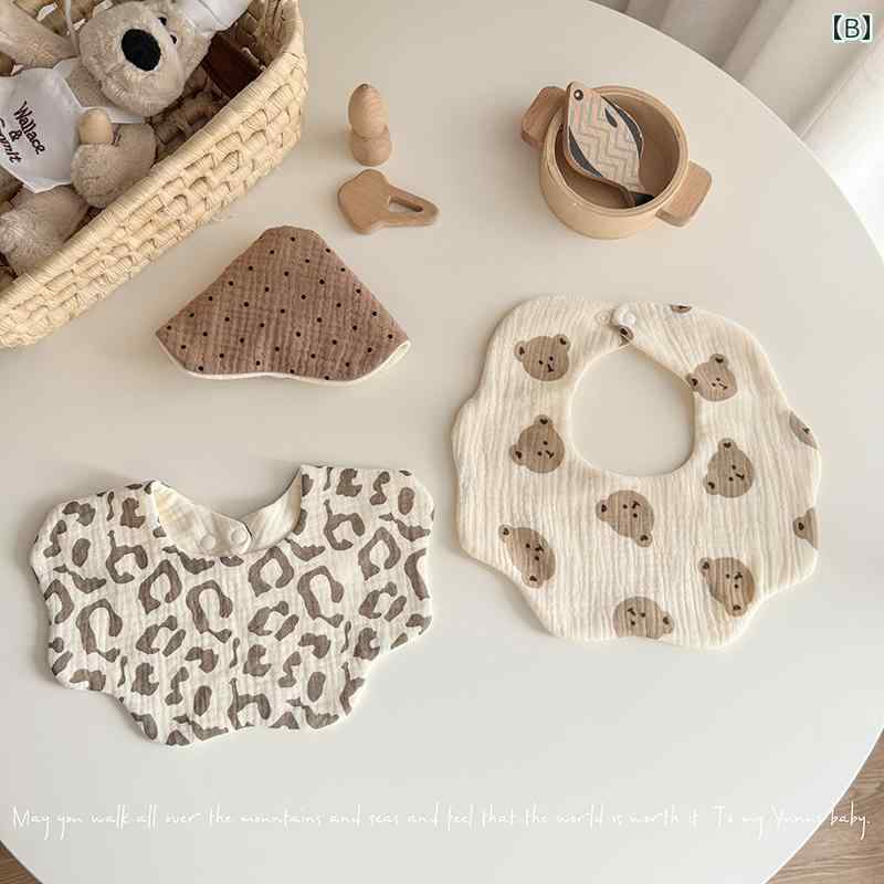 スタイ ガーゼ ベビー ビブ 韓国 花 ヒョウ柄 熊 ドット チェック かわいい 360度 幼児 新生児 普段使い ミルク 吐き戻し防止 白 茶 3