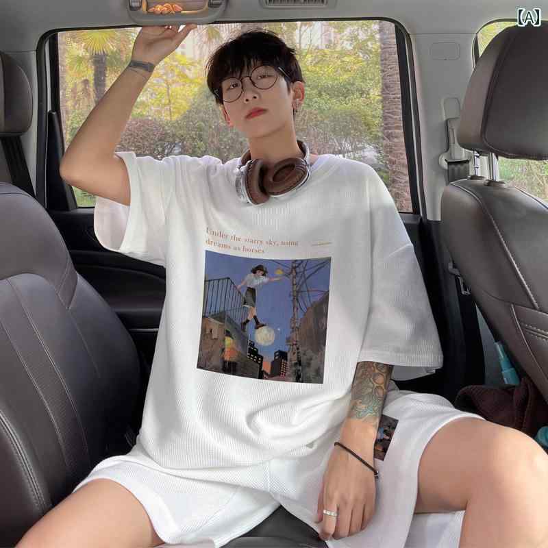 セットアップ メンズ カジュアル 普段使い ホワイト 半袖 Tシャツ ショートパンツ 夏 シンプル ゆったり 大きいサイズ プリント 速乾