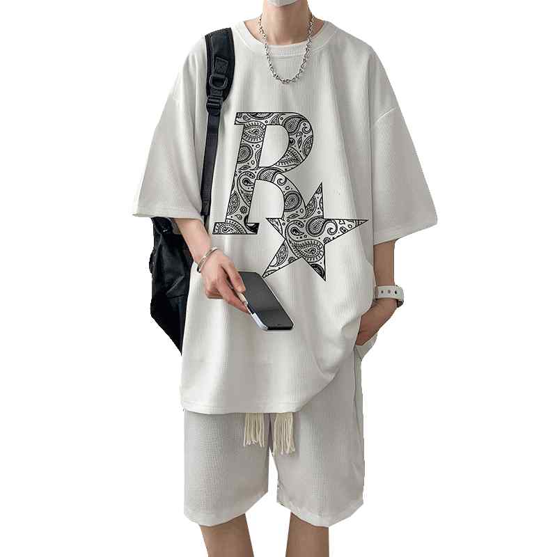 セットアップ メンズ カジュアル 普段使い ホワイト 半袖 Tシャツ ハーフパンツ ビッグシルエット 英字プリント ストリート 夏 涼しい コットン