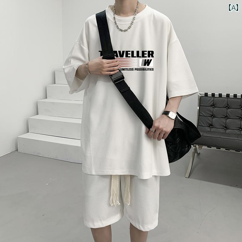 セットアップ メンズ カジュアル 普段使い 半袖 ブラック プリント スポーツ 夏 オーバーサイズ コットン 無地 シンプル クール