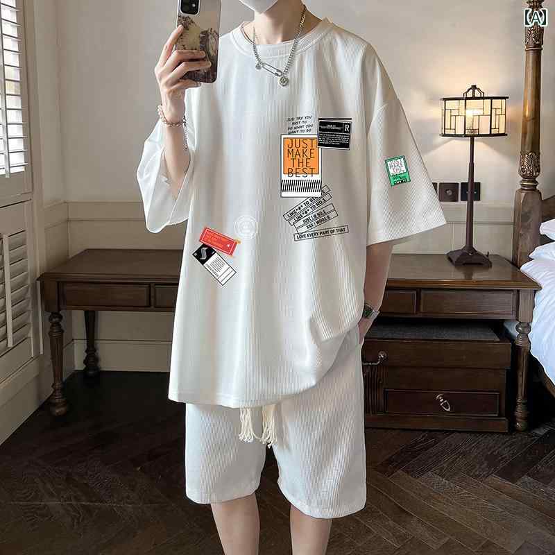 セットアップ メンズ カジュアル 普段使い 白 半袖Tシャツ ハーフパンツ 夏 綿 プリント ゆったり 大きいサイズ ストリート