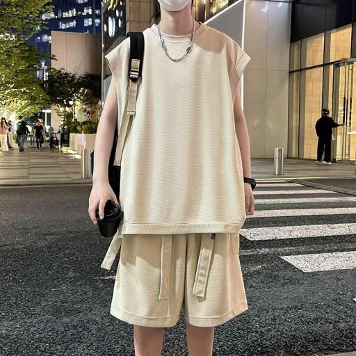 セットアップ メンズ 普段使い グレー 夏 ノースリーブ ベスト 半袖Tシャツ ワイドパンツ カジュアル ルーズ 清涼感 シンプル ストリート セットアップ メンズ 普段使い グレー 夏 ノースリーブ ベスト 半袖Tシャツ ワイドパンツ カジュアル ルーズ 清涼感 シンプル ストリート
