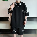 セットアップ メンズ 普段使い 半袖Tシャツ ハーフパンツ ブラック ストライプ ロゴ 夏 涼感 カジュアル ゆったり シンプル上下セット