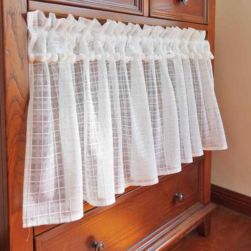 カフェカーテン レース エレガント フレンチ チェック柄 小窓 装飾 寝室 キッチン ショート ポリエステル 面ファスナー 突っ張り棒 ヨーロピアン シンプル 白 薄手
