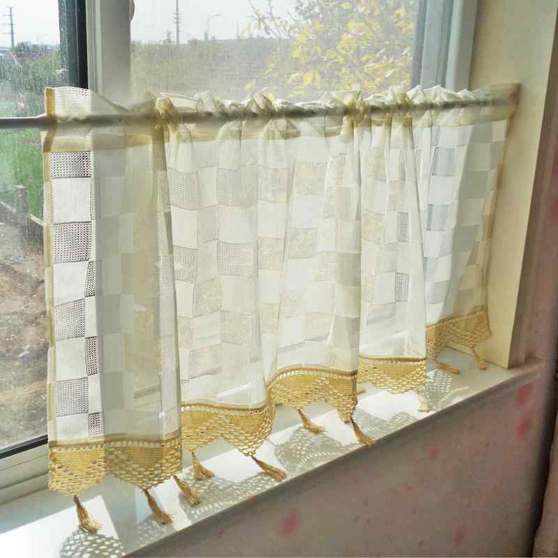 可愛い カフェカーテン シンプル ガーゼ キッチン ショート 出窓 面ファスナー ポリエステル プリーツ チェック柄 突っ張り棒 目隠し 薄手 オフホワイト