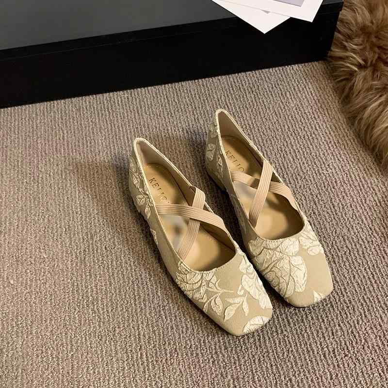 ローヒール パンプス チャイナ風 レディース おしゃれ フラット 厚底 シューズ スカート ドレス エスニック 春夏 刺繍 花 エレガント スクエアトゥ カーキ 歩きやすい