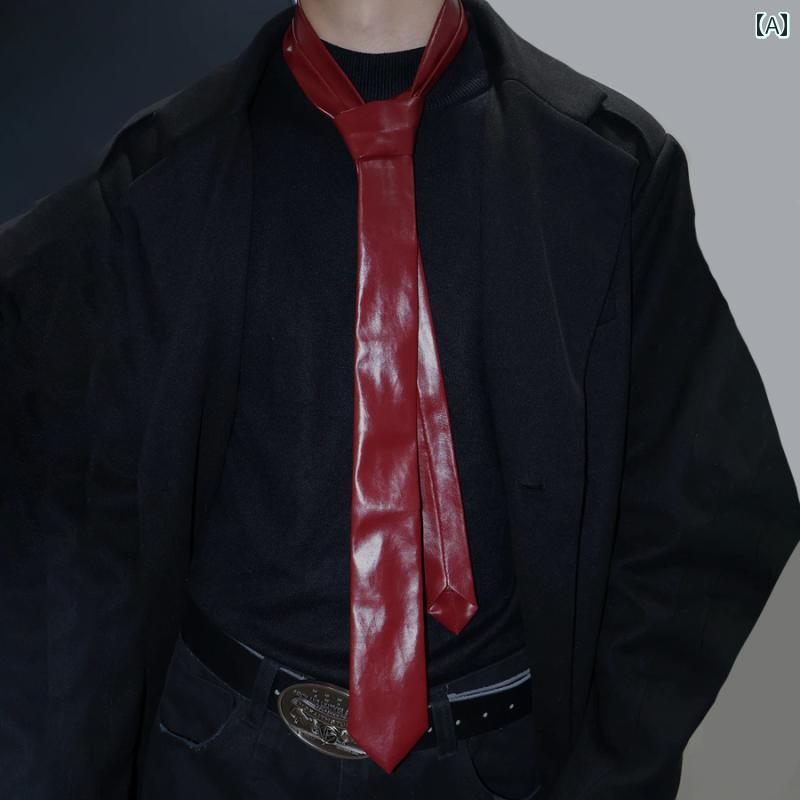 レザーネクタイ ユニセックス アメリカン ヴィンテージ風 アクセサリー 装飾 小物 誕生日 プレゼント パンク ロック モード シンプル スタイリッシュ かっこいい 赤 黒 茶 無地