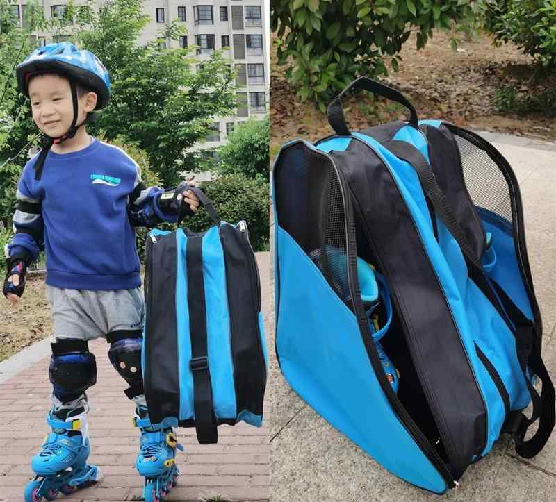 ローラースケート バッグ 子供 三角形 3層 オックスフォード 手提げげ ショルダーストラップ ジッパー メッシュ 大容量 防水 厚手 通気 シューズ ヘルメット プロテクター 収納 シンプル 青 ピンク 赤