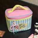 メイク道具 収納 バッグ 柔らかい チャック かわいい レディース 大容量 ポーチ ポータブル 旅行 仕切り ボックス 面ファスナー 布 ストライプ 青 ピンク...