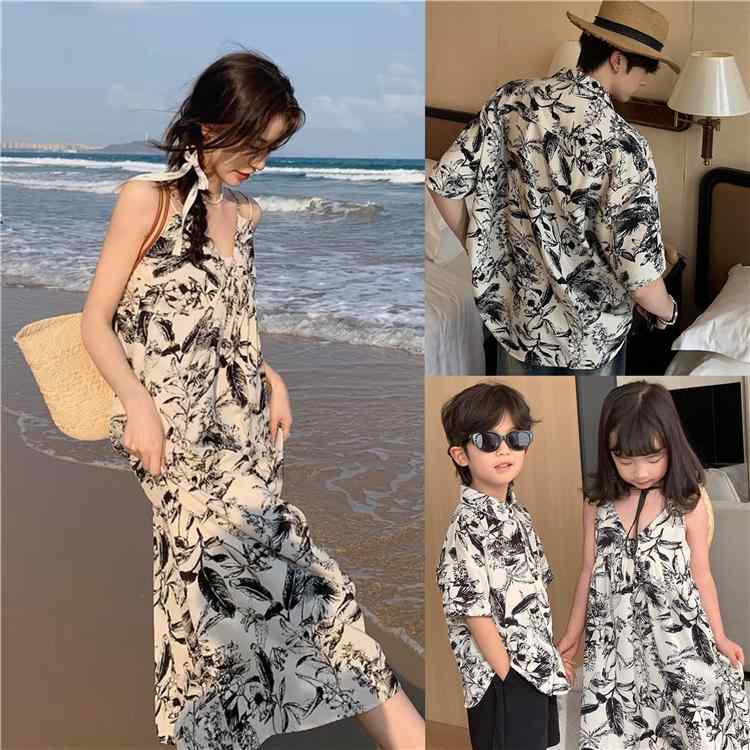 楽天フロントップ楽天市場店親子 ペアルック ワンピース ビーチ 水墨画風 花柄 上品 レディース メンズ 子供 ノースリーブ おしゃれ カジュアル 大きいサイズ 夏 黒