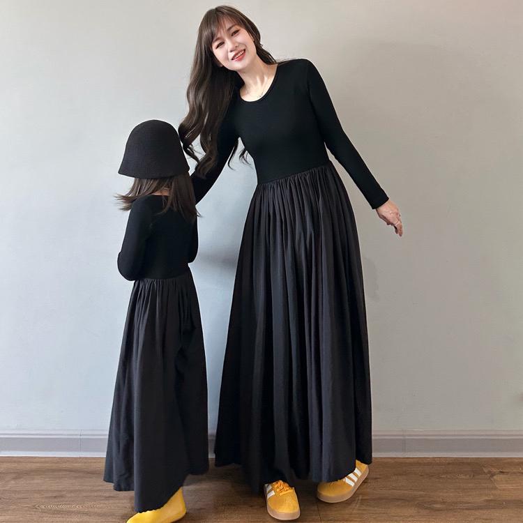 楽天フロントップ楽天市場店親子 ペアルック ワンピース 春 バレエ風 ロング フレンチ スリム リゾート おしゃれ カジュアル 半袖 長袖 レディース 子供 普段使い 黒