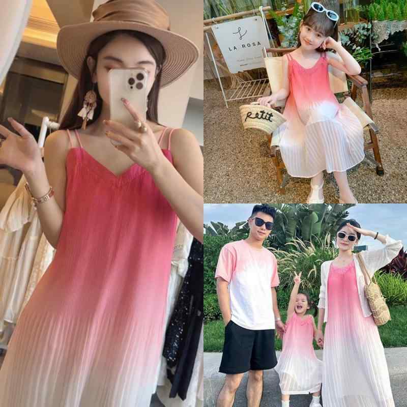 親子 ペアルック ワンピース ビーチ 夏 バケーション おしゃれ カジュアル グラデーション ロング レディース メンズ 子供 大きいサイズ 薄手 ピンク 青