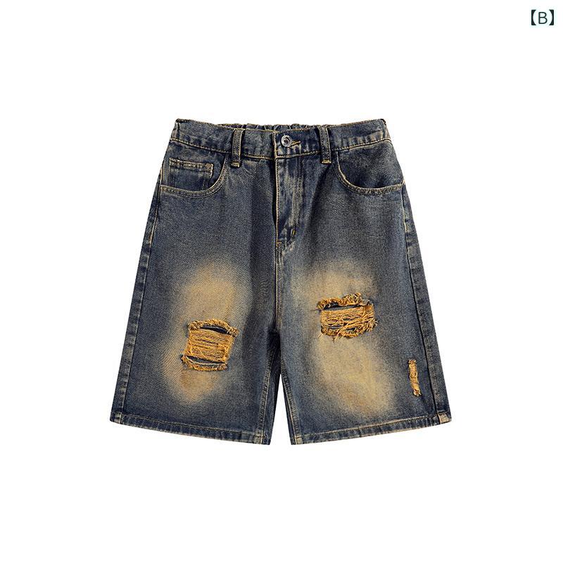 ハーフパンツ メンズ おしゃれ デニム ライトブルー ウォッシュ加工 ダメージ フリンジ 裾 ゆったり 五分丈 夏