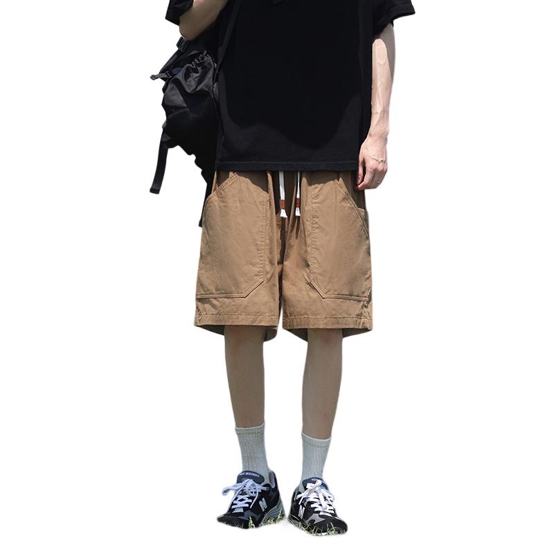 Nylon Shorts - ハーフパンツ メンズ ショート ベージュ 綿 薄手 ワイド シティボーイ系 カジュアル 男性 夏 五分丈 無地 ルーズフィット