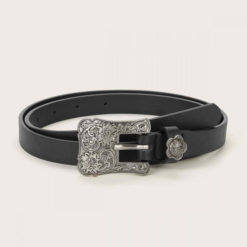 ベルト レディース ブラック ブラウン 細身 革調 アンティーク シルバー 彫刻 バックル レトロ きれいめ クラシック カジュアル