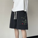 ハーフパンツ メンズ おしゃれ 黒 刺繍 中華風 五分丈 落ち感 夏(4)