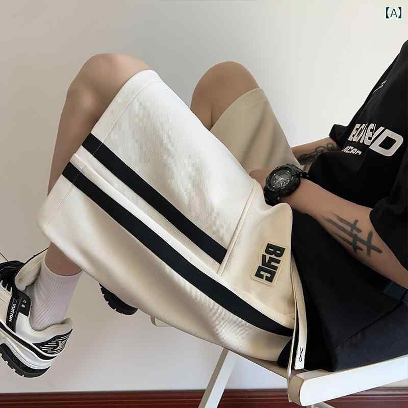 ハーフパンツ メンズ おしゃれ 白 ストリート系 ストライプ柄 ワイドシルエット 五分丈 夏 綿混 リラックス ゆったり 高校生