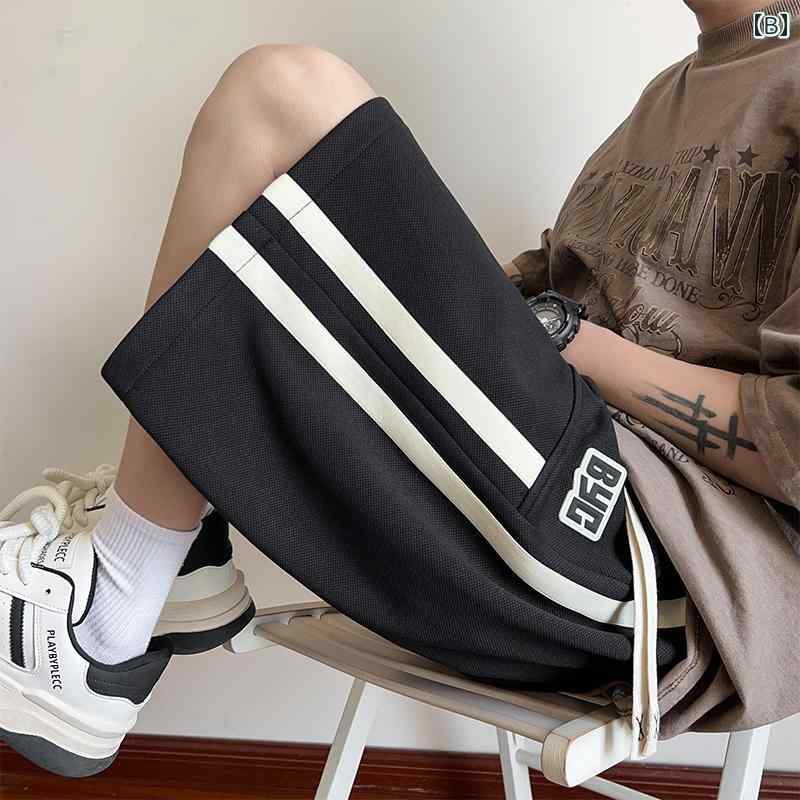 ハーフパンツ メンズ おしゃれ 白 ストリート系 ストライプ柄 ワイドシルエット 五分丈 夏 綿混 リラックス ゆったり 高校生