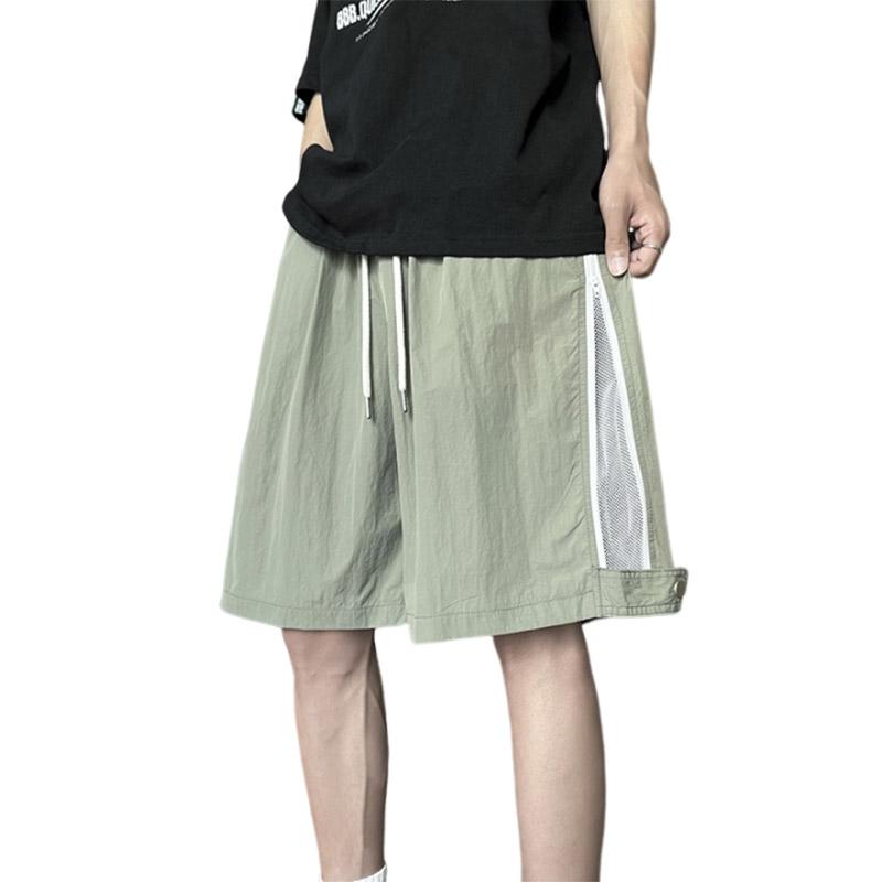 ハーフパンツ メンズ おしゃれ ブラック メッシュ切 ライン ジップポケット 薄手 ワイドシルエット 五分丈 夏 ストリート