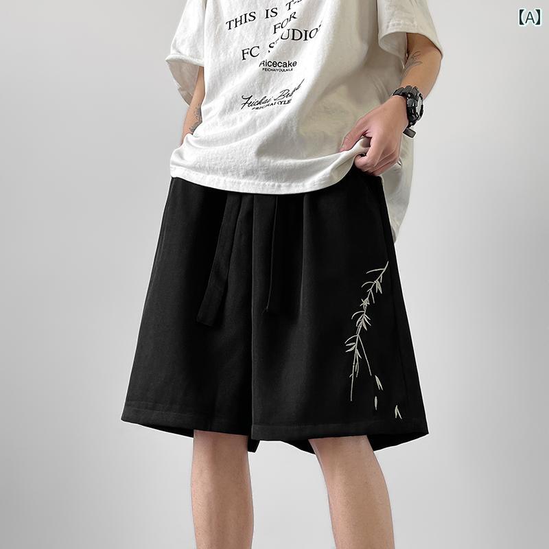Short, Half Pants - ハーフパンツ メンズ ショート 白 竹刺繍 五分丈 メンズ 夏 ワイドシルエット アイス 涼感 国風 中華風 カジュアル