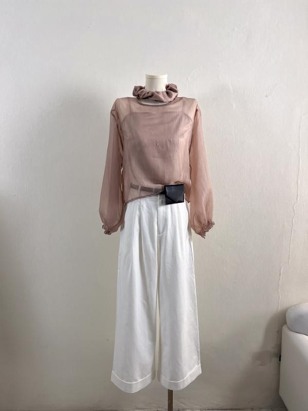 シャツ ピンク シアー 長袖 ラウンドネック プリーツ セット 春 韓国 フェミニン 上品