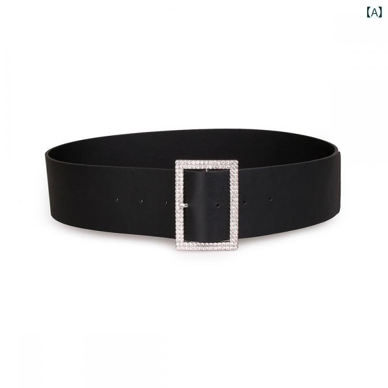 ベルト ブラック 太ベルト 四角バックル ラインストーン 女性 エレガント フォーマル シンプル おしゃれ ウエストマーク 大人 カジュアル