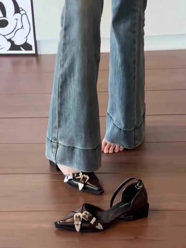 パンプス ぺたんこ レディース 春夏 PU ポインテッドトゥ チャンキーヒール ベルト バックル フレンチ レトロ パンク おしゃれ 黒 アイボリー