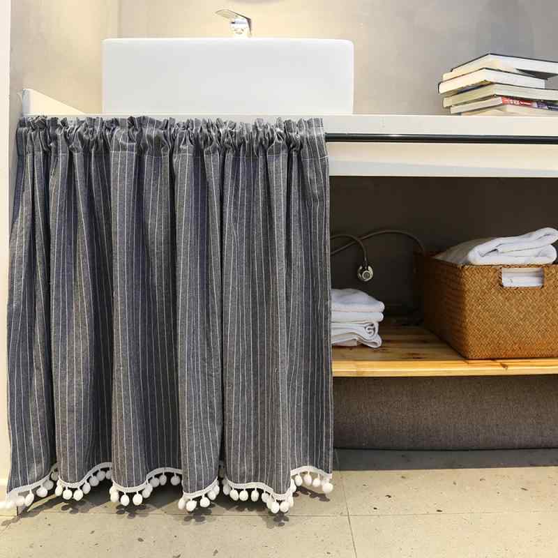 カフェ カーテン 生地 柔らかい 棒なし カントリー ストライプ ポンポン シンプル かわいい 北欧 アメリカン コットン リネン グレー ハーフ ドア ショート ロッド キャビネット