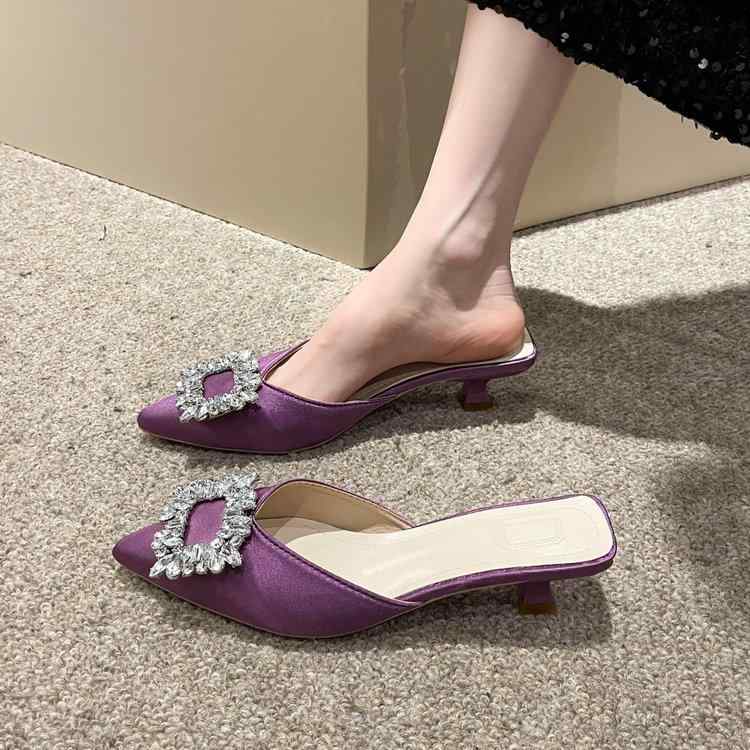 ミュール サンダル レディース 春夏 サテン ポインテッドトゥ スティレットヒール ラインストーン キラキラ 滑り止め ソフト フレンチ おしゃれ アイボリー 黒 紫