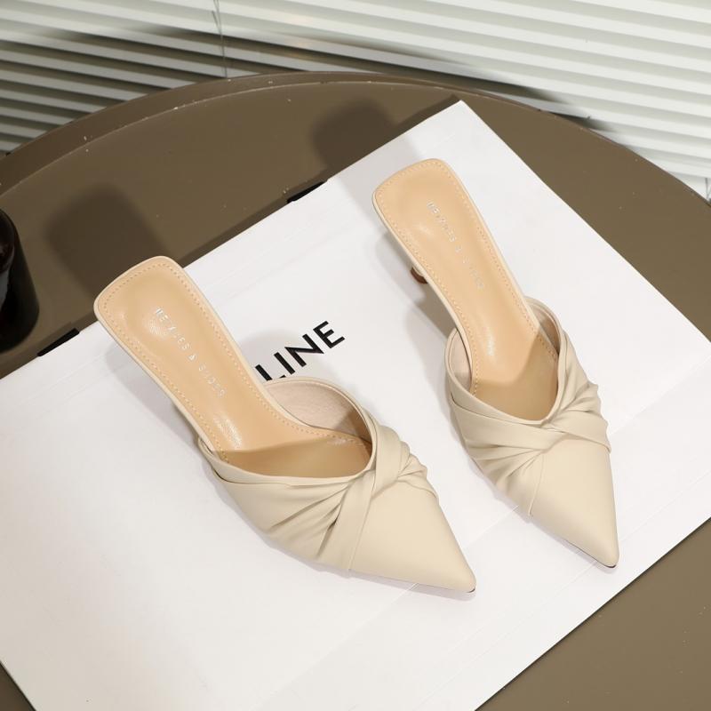 ミュール サンダル レディース 韓国 春夏 PU ポインテッドトゥ スティレットヒール 通気 フレンチ エレガント おしゃれ アイボリー 黒 アプリコット