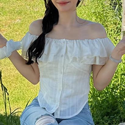 オフショルダー トップス レディース 夏 半袖 シャツ ボタン 前開き フリル ゆった...