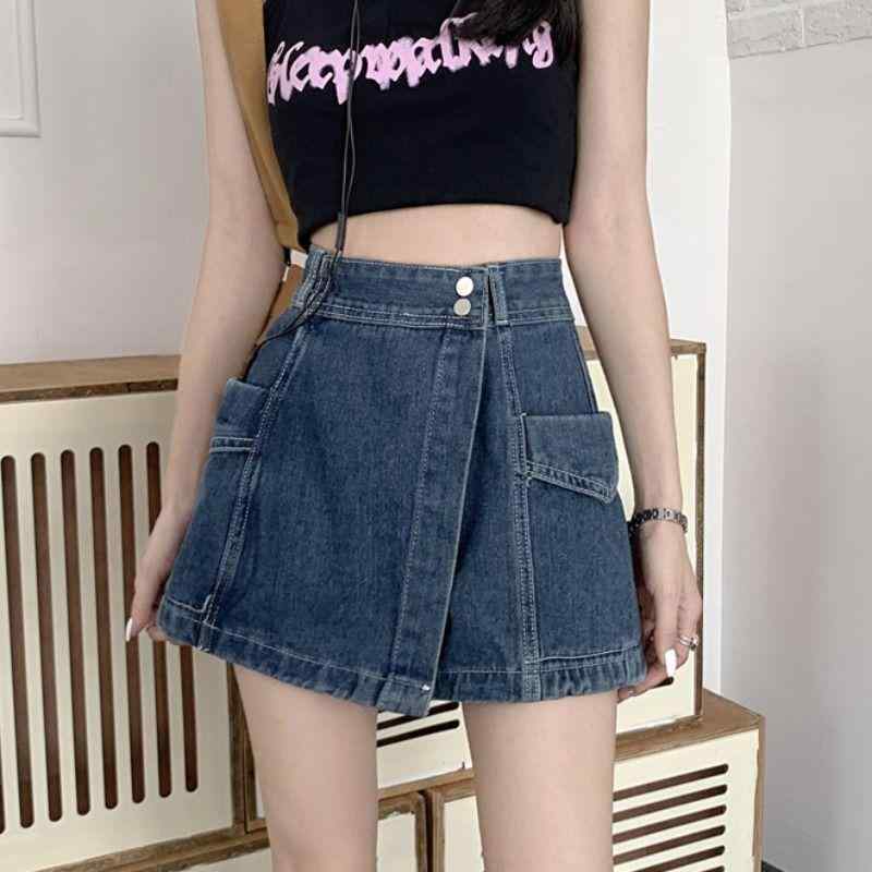 Short Pants - デニムショートパンツ レディース スカート 柔らかい おしゃれ カジュアル 夏 アシンメトリー 重ね着風 小さめ ホットガール ハイウエスト スリム 大きいサイズ 青 黒