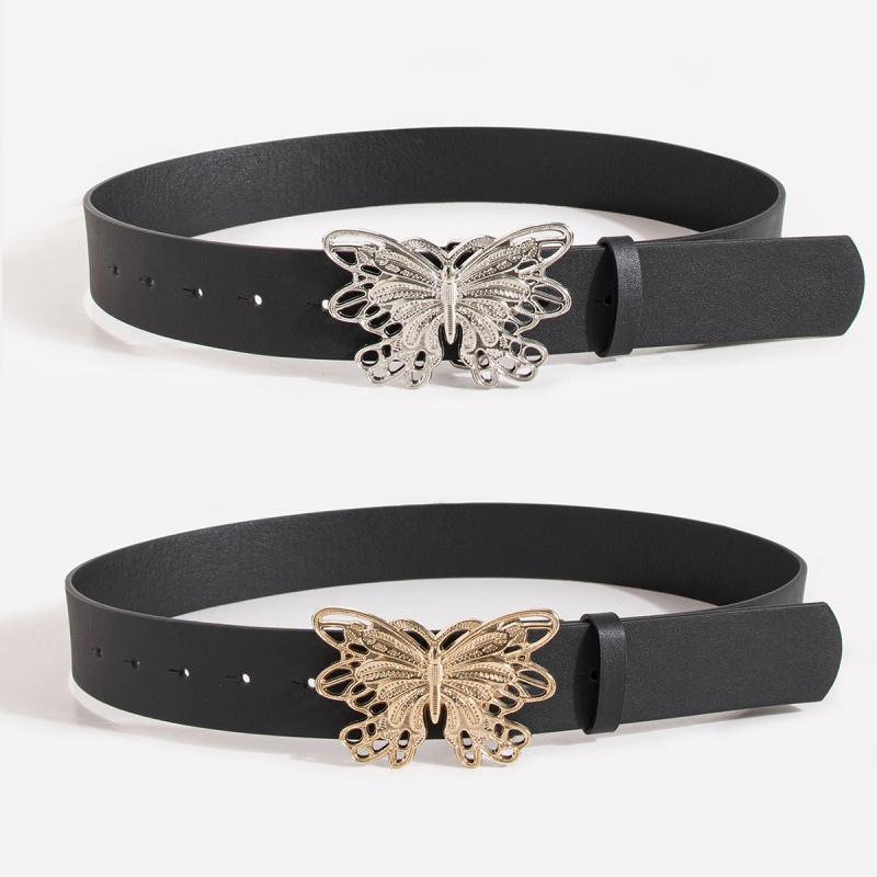 ベルト ブラック バタフライバックル シルバー 大きめ 蝶飾り 調節 y2k パンク 韓国 レディース 太め ..