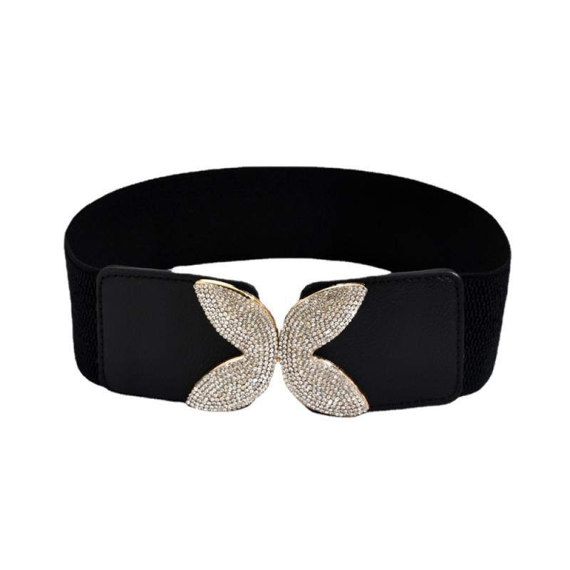 ベルト ブラック 天使 翼 モチーフ ラインストーン ゴム 幅広 ウエストマーク レディース 装飾 きれいめ カジュアル